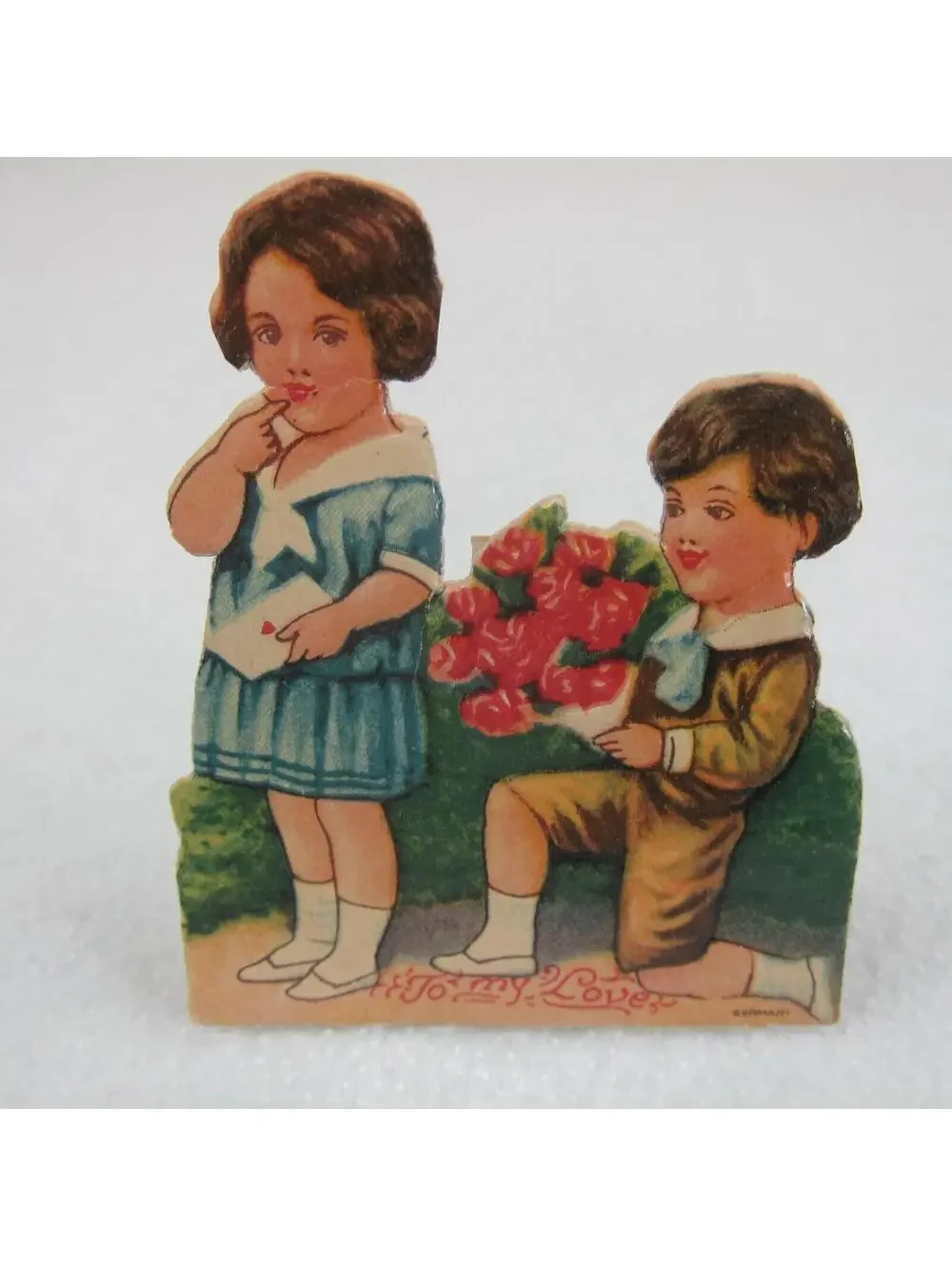 Vintage Valentine Die Cut Stand Up Girl Boy Sailor Suit Flowers 1920-30s Germany